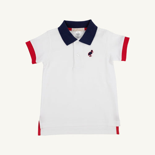 TBBC25 Prim and Proper Polo in White with Navy Collar