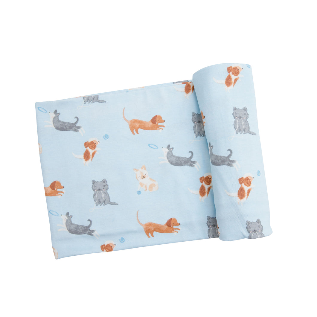 Blue Puppy Play Swaddle Blanket