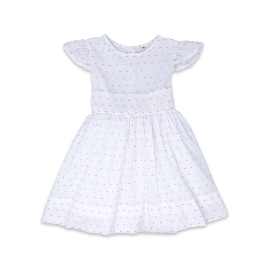 Blissful Band Dress in White and Pink Swiss Dot