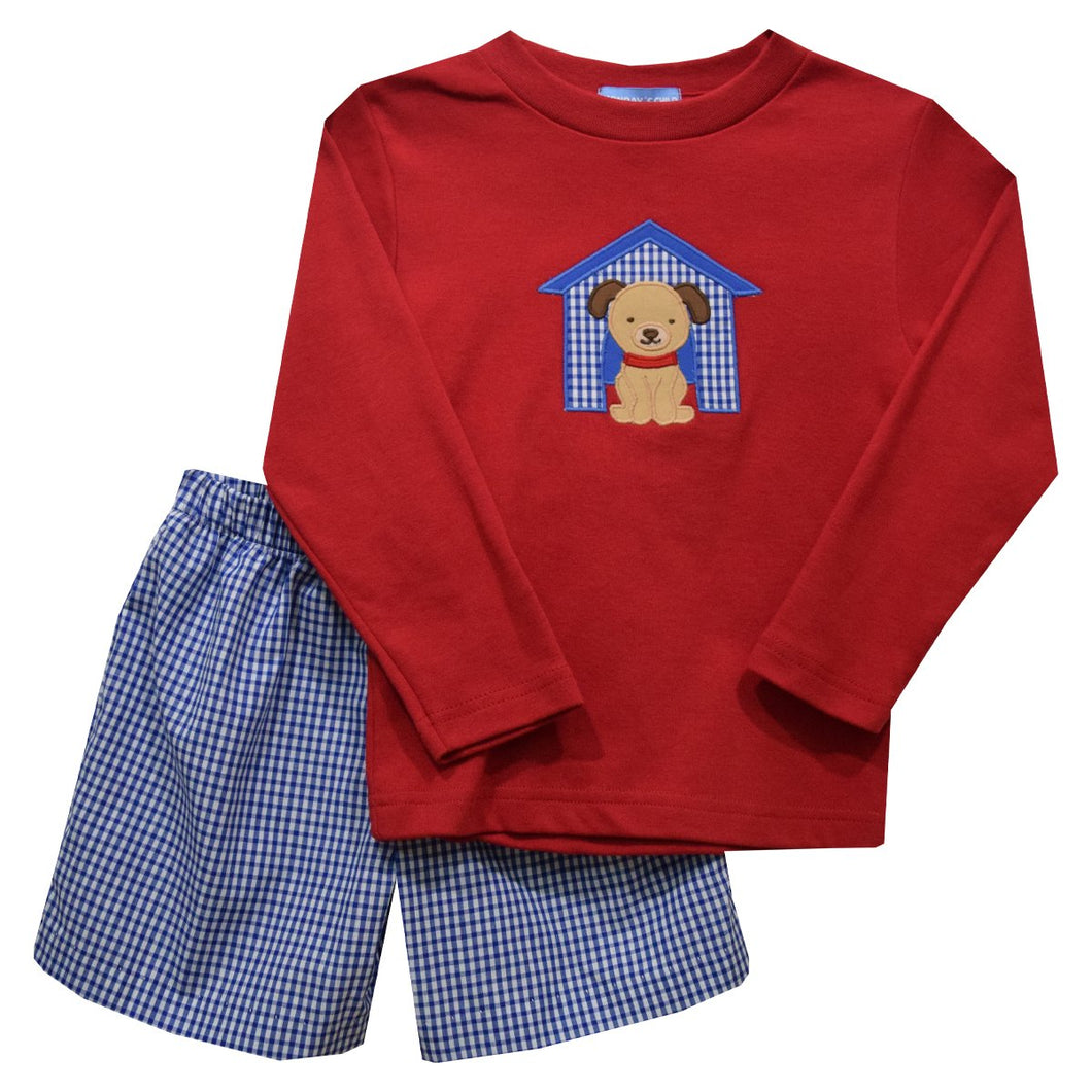 Puppies Applique with Royal Check Long Sleeve Boys Short Set